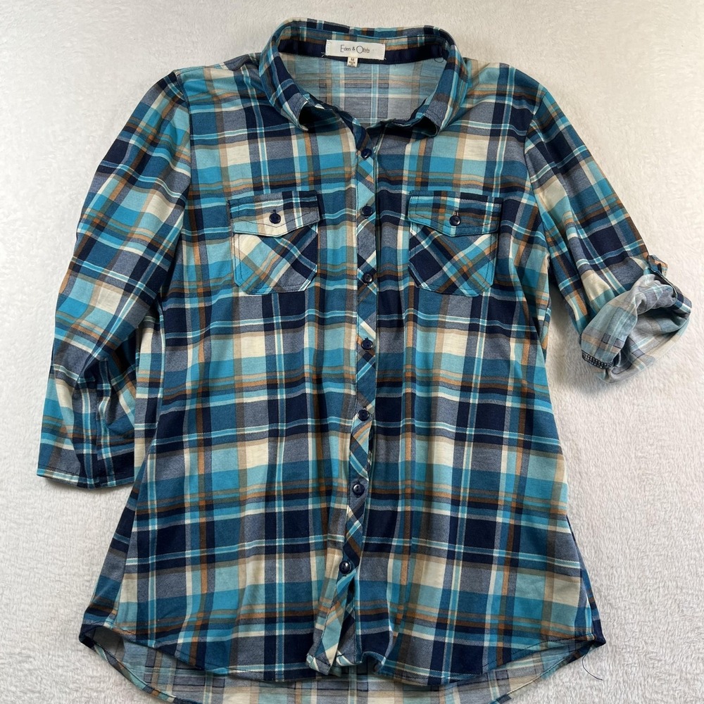 Eden & Olivia Shirt Womens Medium Blue Plaid Button Up Roll Tab Tunic Top - Picture 3 of 10